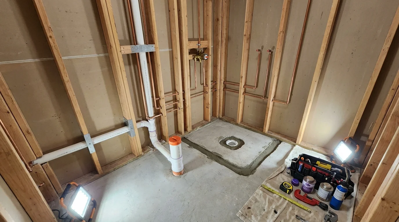 Bathroom rough-in plumbing during remodel by Johns Plumbing LLC in Boothbay Harbor