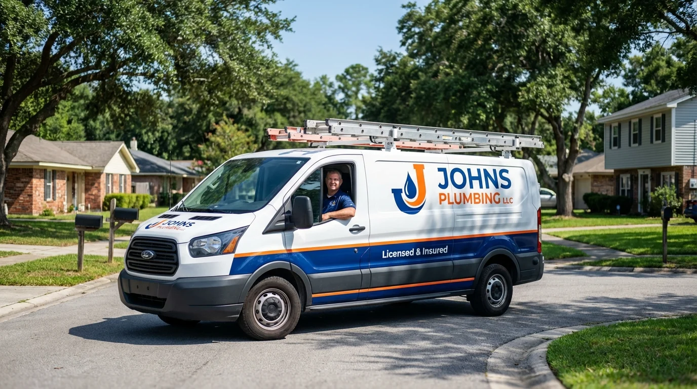 Johns Plumbing LLC service van in Boothbay Harbor, ME
