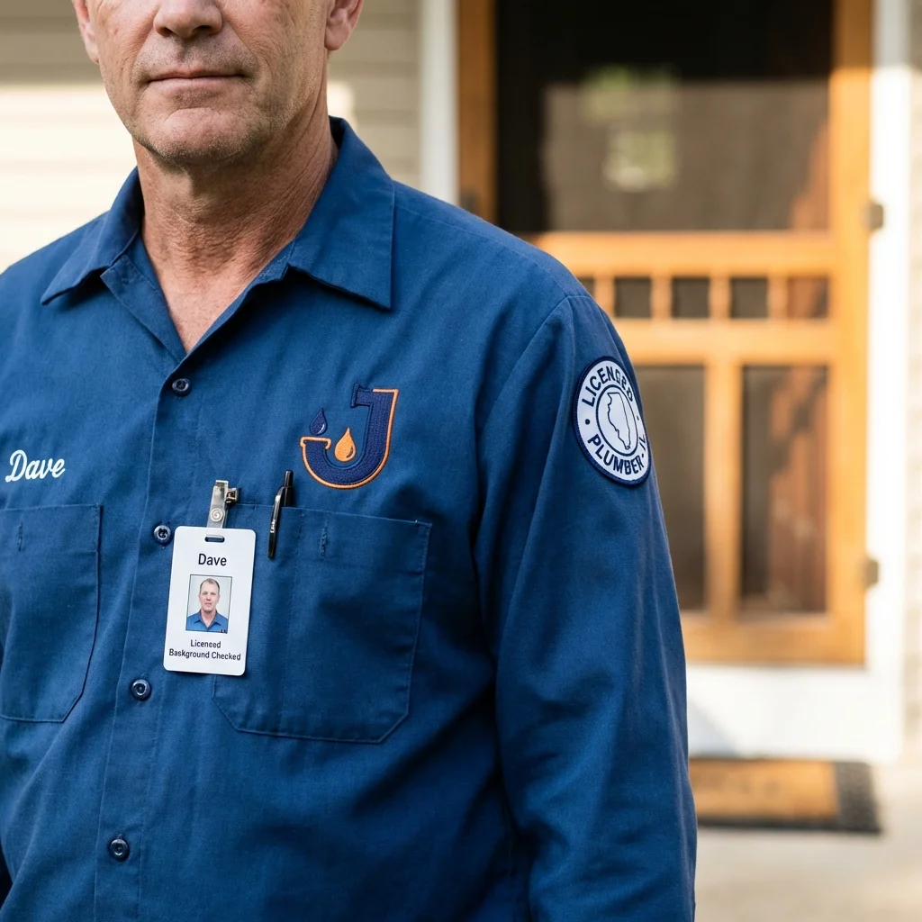 Licensed plumber showing ID badge in Boothbay Harbor, ME