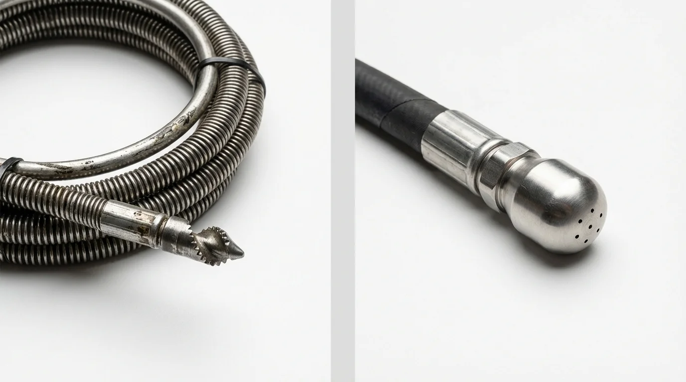 Drain snake cable and hydro jetting nozzle used for drain cleaning in Boothbay Harbor, ME