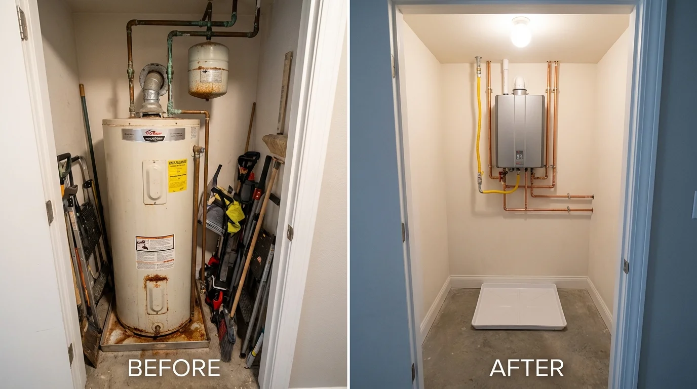 Tank water heater versus wall-mounted tankless unit comparison for Boothbay Harbor, ME homeowners