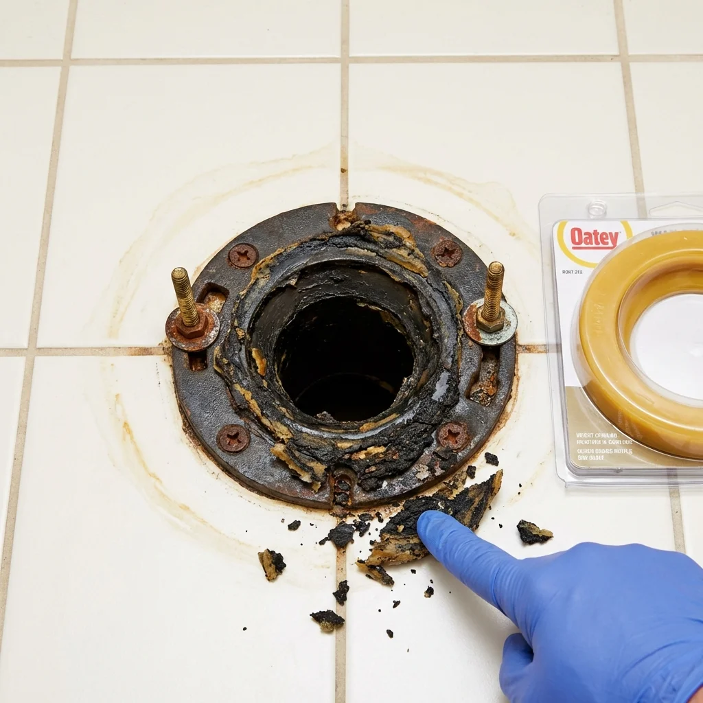 Failed wax ring showing water seepage at the base of a toilet in a Boothbay Harbor, ME home