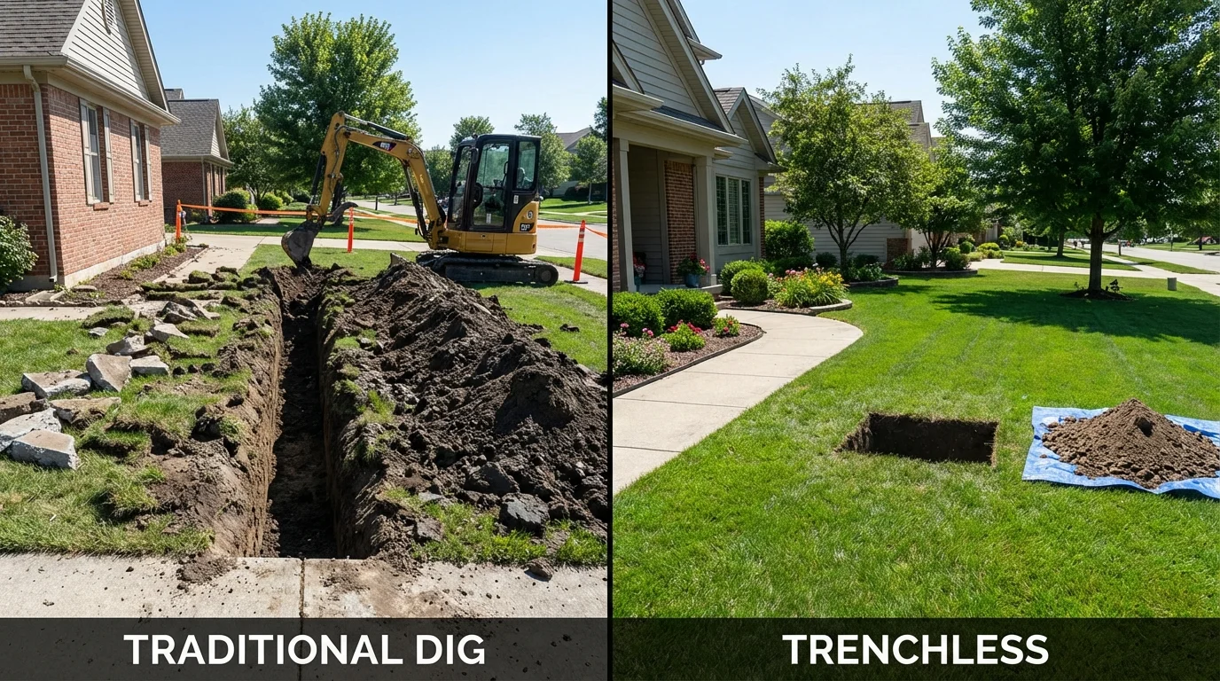 Trenchless sewer repair with minimal yard damage versus traditional excavation in Boothbay Harbor, ME