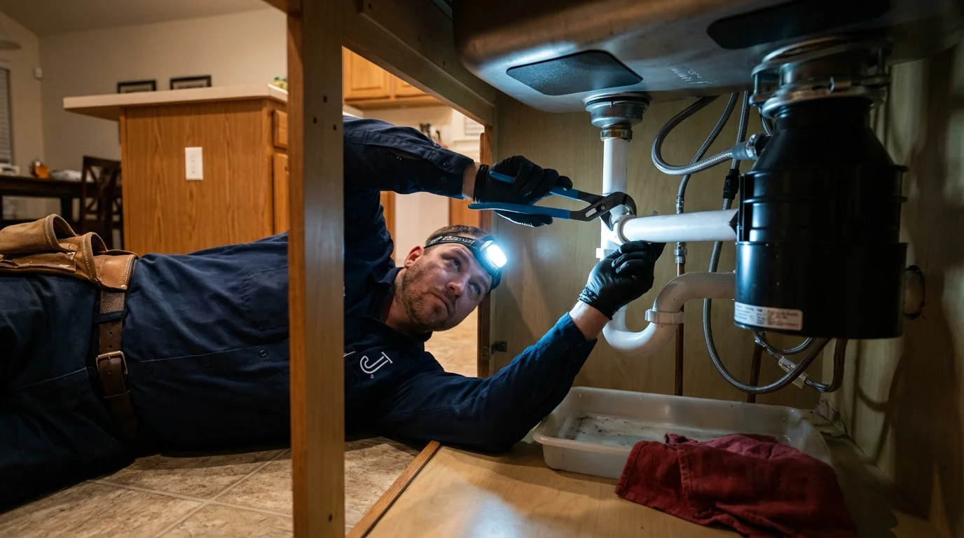 P-trap and supply line connections under a kitchen sink showing a common leak point in Boothbay Harbor, ME